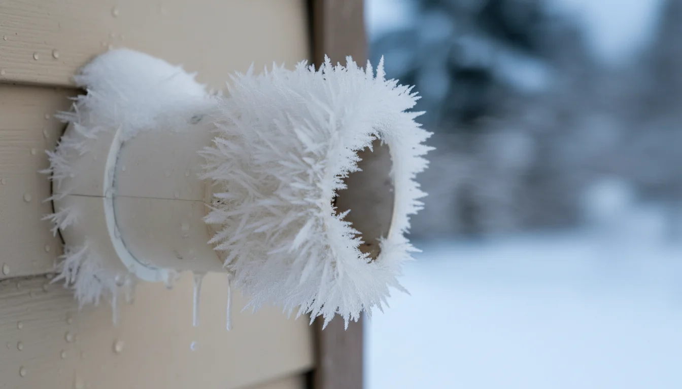A macro photograph of a white PVC furnace exhaust pipe on the exterior side of a residential house in Calgary. The vent is heavily encrusted with thick, crystalline rime ice and hoarfrost, almost completely blocking the steam exit. The background shows a blurry, blue-toned snowy day.