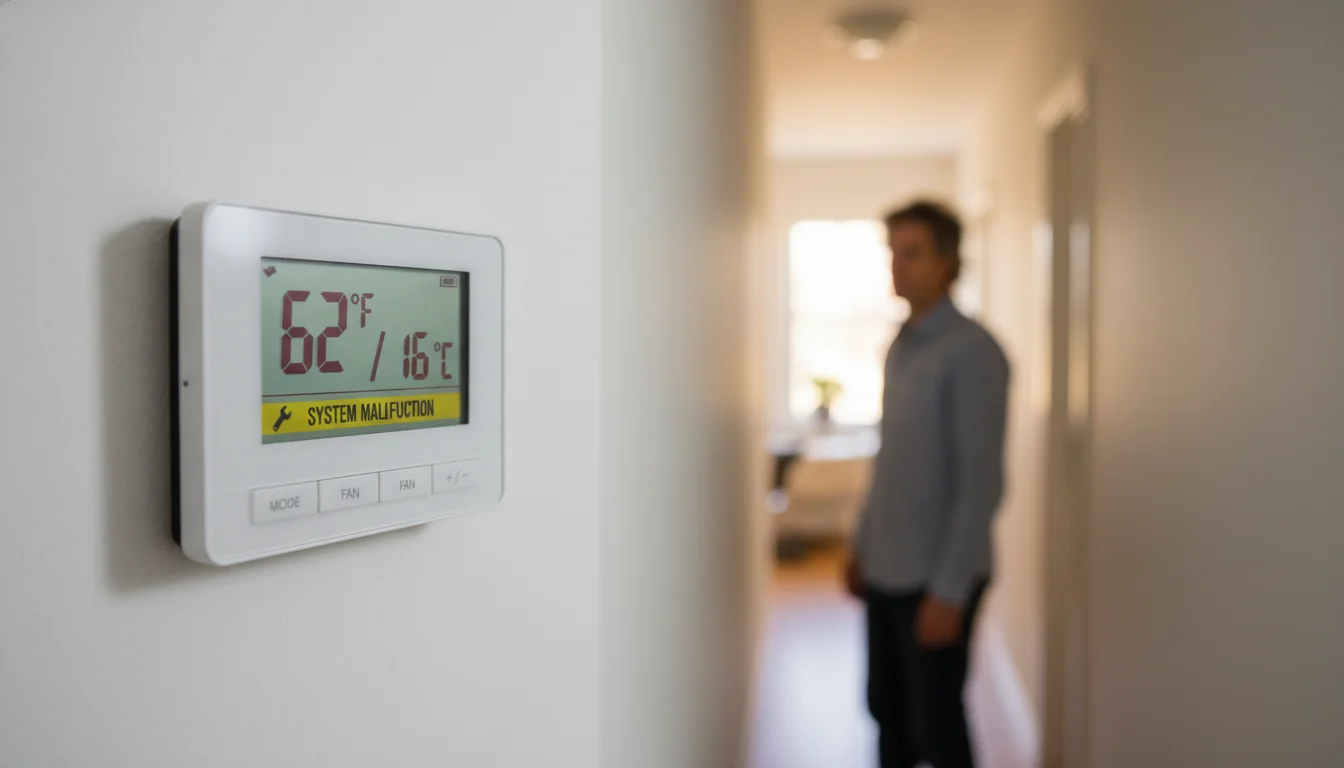 A close-up, high-quality photo of a modern digital thermostat on a white wall in a residential hallway. The screen shows a low temperature warning, '62°F / 16°C', with a 'System Malfunction' alert. In the soft-focus background, a homeowner is visible looking concerned.
