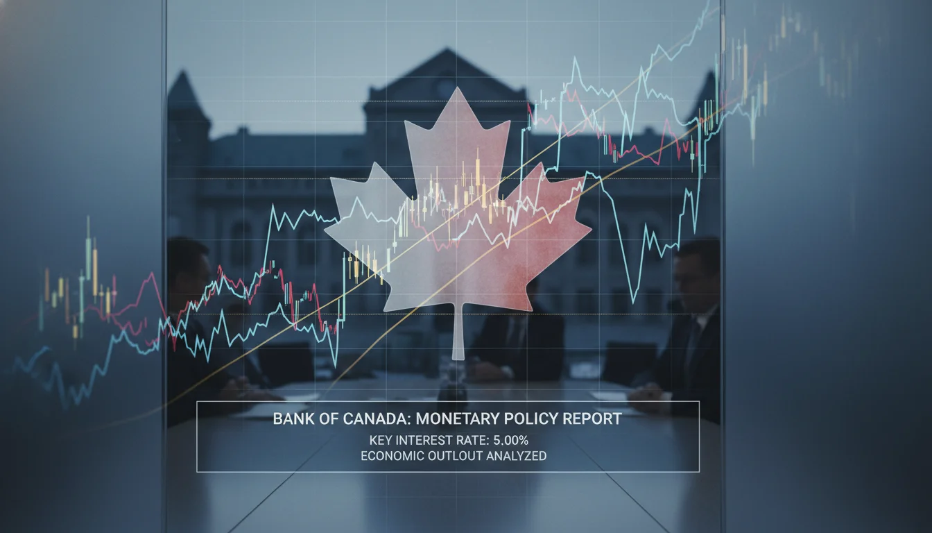 A visual representation of Canadian interest rates, featuring financial graphs and charts overlaid with subtle Canadian symbols like a maple leaf or the Bank of Canada building. The image should convey economic analysis and policy discussion.