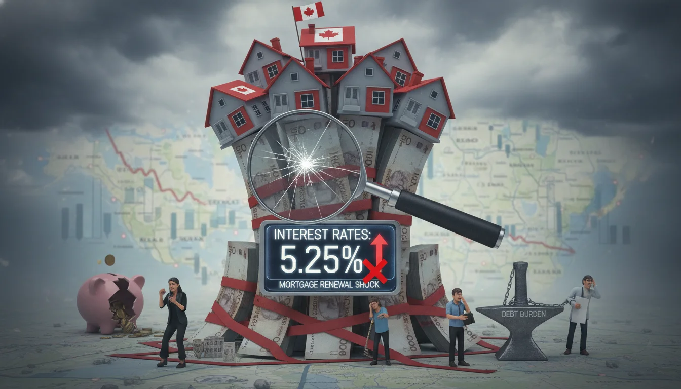 A visual representing the Canadian housing market and mortgage challenges. Include elements like houses, stacked currency (Canadian dollars), and a magnifying glass over rising interest rates, indicating financial strain and renewal shock for homeowners in Canada.