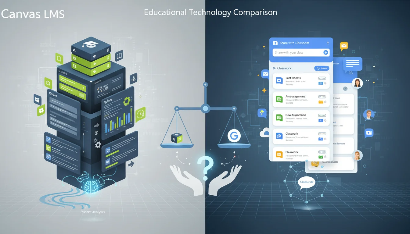 A conceptual image comparing Canvas LMS and Google Classroom. On one side, a complex, modular interface with structured educational content representing Canvas. On the other, a streamlined, activity-stream based interface with collaborative elements for Google Classroom. Incorporate digital learning icons, data analytics visuals, and a subtle representation of weighing options or making a choice between platforms.