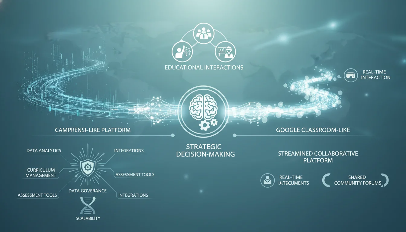 A conceptual image illustrating the strategic decision-making process for educational institutions. Two distinct paths diverge, one representing a comprehensive, robust LMS (like Canvas) with intricate connections and data flow, and the other a streamlined, collaborative platform (like Google Classroom) focused on immediate interaction. Include elements symbolizing scalability, data governance, and diverse educational interactions. Soft, professional lighting, digital art style.