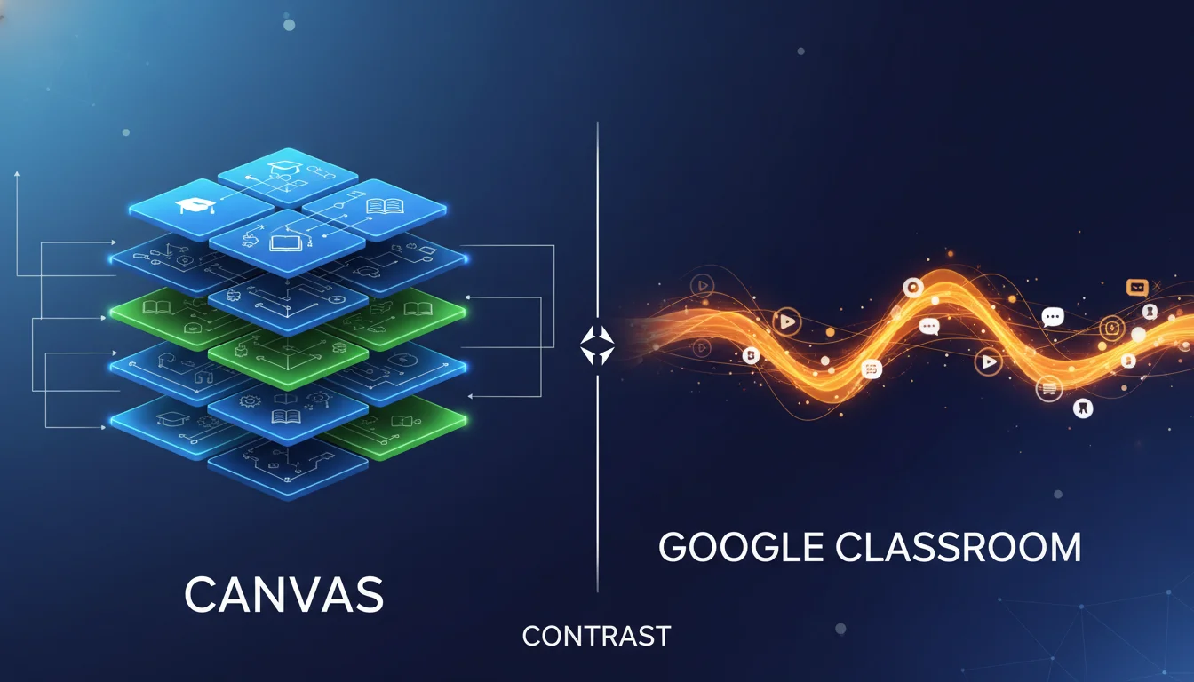 An abstract visual comparing two distinct information organization paradigms in education. On one side, a complex, multi-layered 'module' structure with interconnected learning pathways, representing Canvas. On the other, a linear, flowing 'stream' of information and activities, representing Google Classroom. Use clean, modern digital graphics to highlight the contrast in structure and user experience, with subtle educational icons.