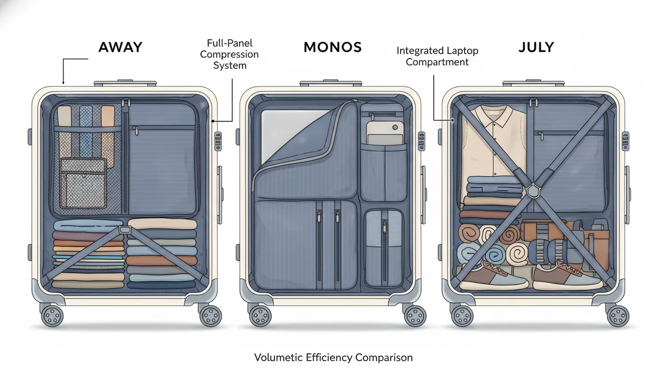 A cutaway view or transparent rendering of three premium hardshell carry-on suitcases (Away, Monos, July) to visually compare their internal packing spaces. Highlight Away's full-panel compression, Monos's front laptop compartment (showing how it reduces internal volume), and July's Y-strap system. Emphasize the volumetric efficiency and distinct internal architectural features.