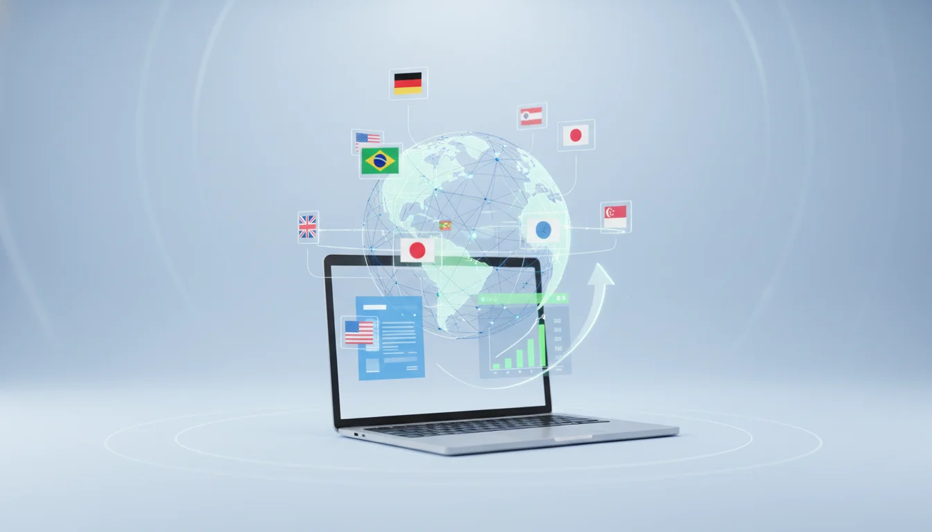 A minimalist, abstract image showing a digital interface with a globe and various international flags, symbolizing remote company incorporation. A laptop is open, displaying legal documents and financial data. Emphasize a clean, modern, and cost-effective aesthetic with subtle hints of growth and global connectivity.
