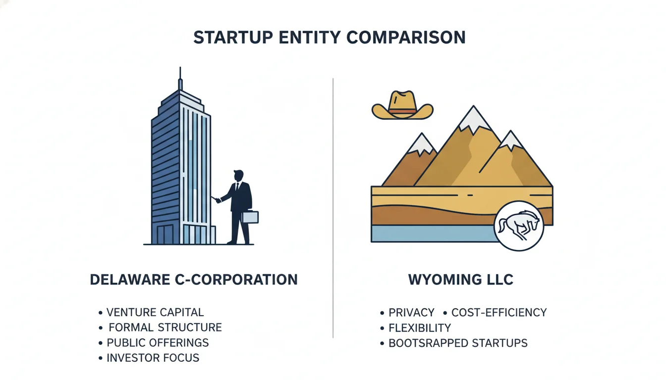 A split image or infographic comparing a Delaware C-Corporation and a Wyoming LLC. On one side, represent Delaware with a high-rise building or a suit, symbolizing venture capital and formal structure. On the other side, represent Wyoming with a vast, open landscape or a minimalistic icon, symbolizing privacy, cost-efficiency, and flexibility for bootstrapped startups. Use clean lines and a modern, professional aesthetic.