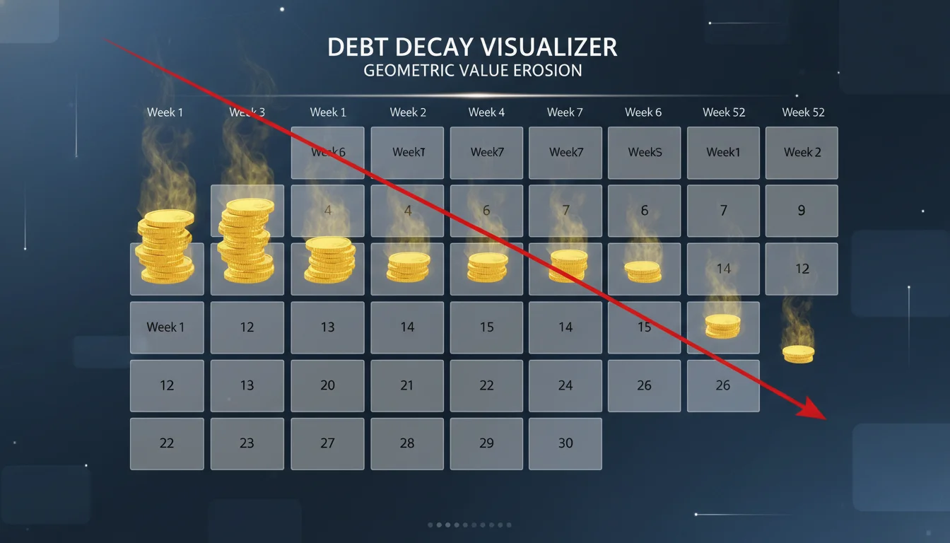 A professional 3D infographic showing a 52-week calendar grid with gold coins slowly evaporating or turning into mist as they move from week 1 to week 52, representing the geometric decay of debt value. A sharp, downward-sloping red line graph is overlaid on the calendar. High-contrast, financial corporate style.