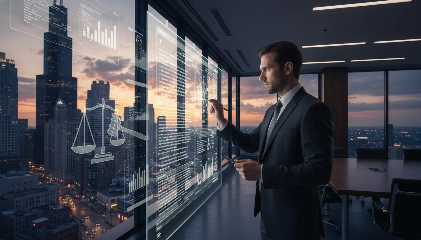 A cinematic shot of a modern, glass-walled conference room in a Chicago skyscraper. A focused executive in a suit is looking at a complex digital contract on a large touchscreen monitor, while the Chicago Loop skyline is visible through the window at dusk. Symbols of justice and data analytics are subtly reflected in the glass.