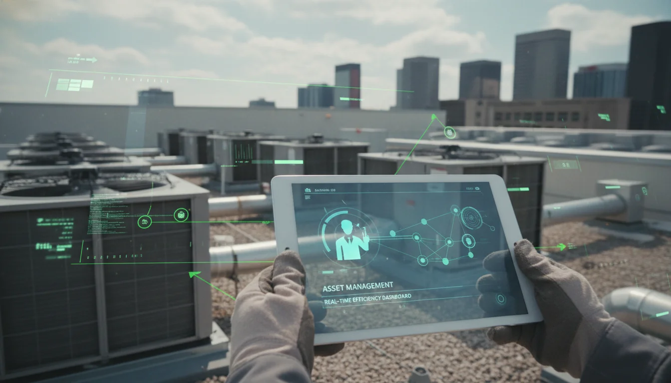 A sleek, modern tablet showing an HVAC technician interacting with a digital interface for asset management, overlaid on a backdrop of commercial rooftop HVAC units and a data overlay, emphasizing efficiency and technology.