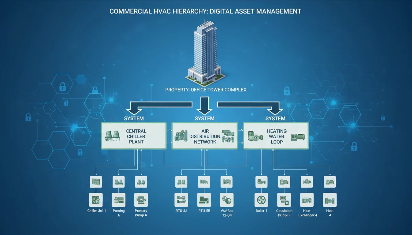 A visual representation of a "Property-System-Asset" hierarchy in a commercial HVAC context. Show a multi-level diagram or infographic where a large commercial building (Property) contains various HVAC systems (System) like a central chiller loop, and each system branches out to multiple individual units (Assets) like rooftop units (RTUs) or air handling units (AHUs). The diagram should be clear, professional, and perhaps show connections between these levels, with a subtle tech overlay, possibly indicating digital management.