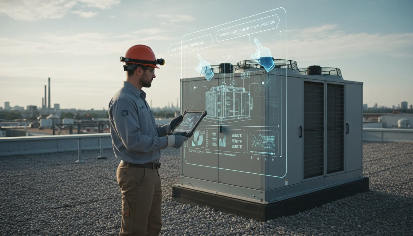 A field service HVAC technician wearing work gear, standing next to a large commercial HVAC unit (e.g., a chiller or rooftop unit) and looking at a rugged tablet. On the tablet screen, there's an augmented reality overlay or a digital interface showing diagnostic data or a senior expert's instructions (e.g., digital hands pointing, diagrams). The scene should convey advanced mobile technology aiding on-site repair and remote assistance in an industrial setting.