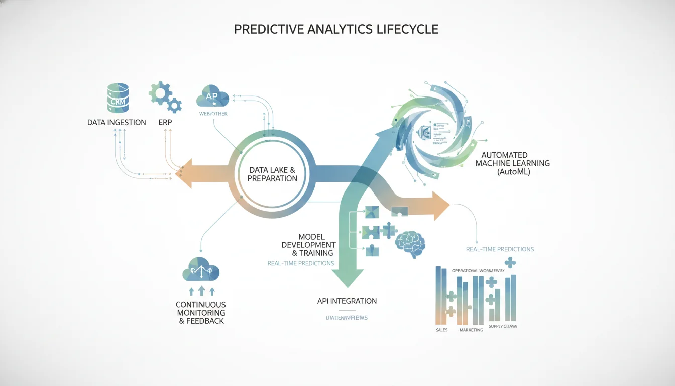An abstract, clean infographic showing the lifecycle of predictive analytics implementation for a mid-sized business. Elements should include data ingestion from various sources (CRM, ERP), automated machine learning (AutoML) model development, integration with operational workflows via APIs, and continuous monitoring, presented as a seamless, interconnected flow.