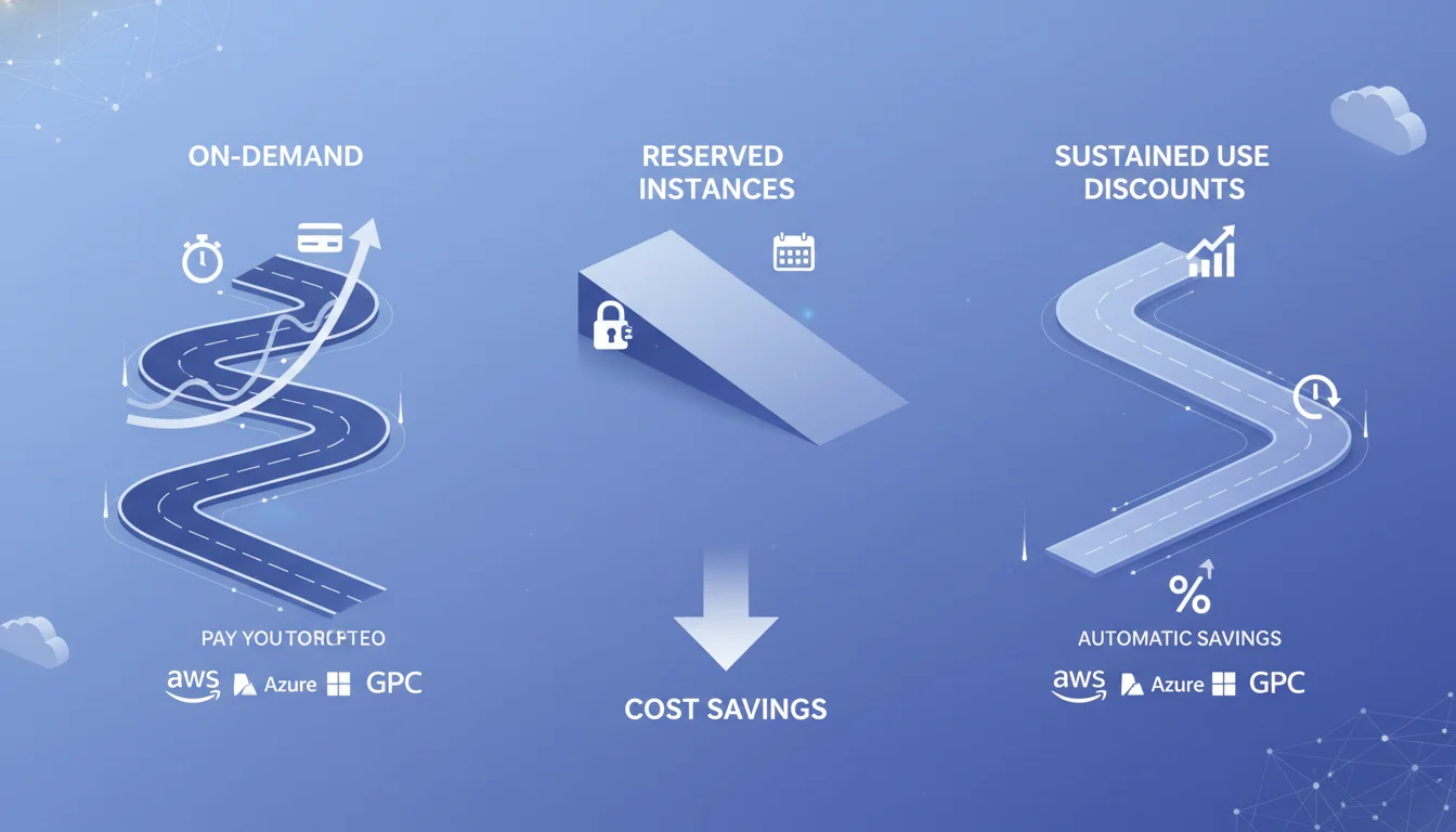 A conceptual illustration showing different cloud computing pricing models: 'On-Demand', 'Reserved Instances', and 'Sustained Use Discounts'. Visually represent these as distinct paths or scales, perhaps with icons for AWS, Azure, and GCP, emphasizing flexibility versus commitment and potential cost savings. Use a modern, clean digital art style.