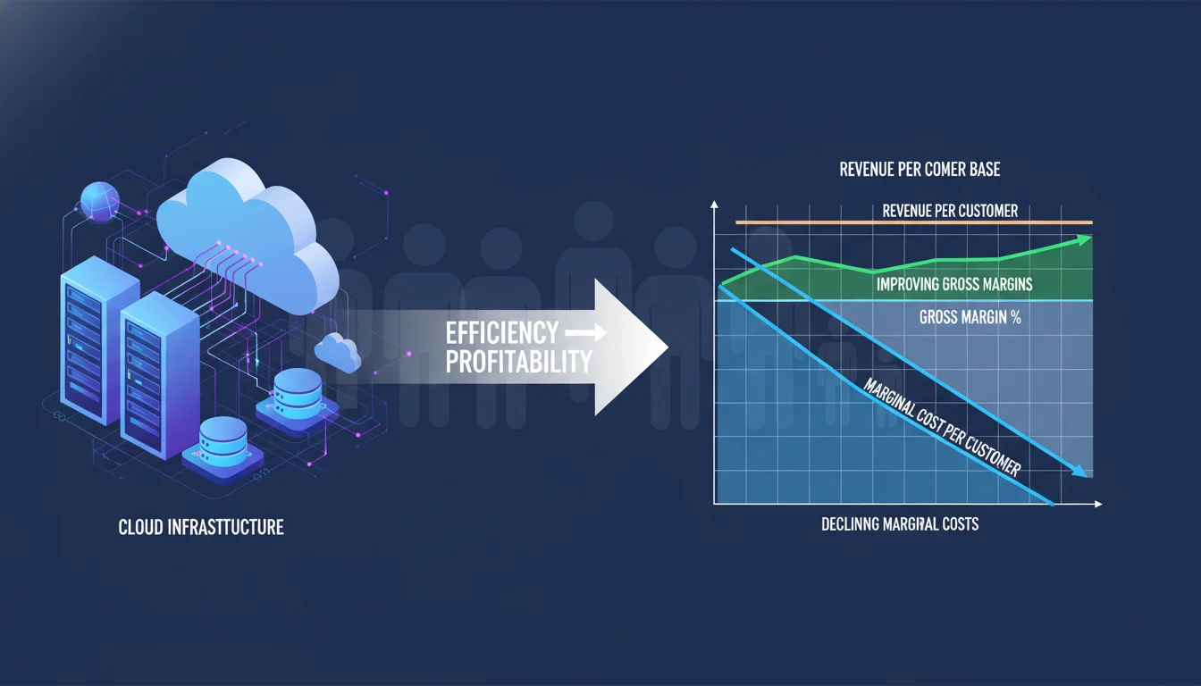 Illustrate the concept of SaaS unit economics. A clean, modern graphic showing cloud infrastructure elements (servers, databases, network connections) on one side, flowing into a financial graph showing declining marginal costs and improving gross margins on the other, with a clear arrow indicating efficiency leading to profitability. Subtle elements of a growing customer base in the background, clean lines, digital aesthetic.