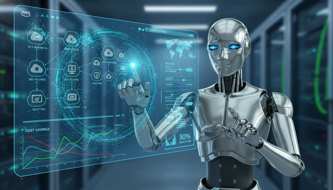 Depict AI-driven automation for AWS cloud cost optimization. A futuristic, intelligent robot or agent interacting with a digital interface showing AWS cloud resources (EC2 instances, EBS volumes, Lambda functions), automatically right-sizing them, deleting idle resources, and adjusting settings for cost efficiency. The scene should imply self-healing infrastructure, with graphs showing cost savings, data flowing efficiently, and a blue/green color scheme.