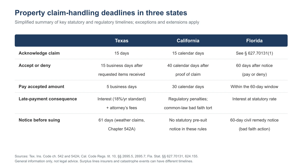 Comparison chart of commercial property claim-handling deadlines in Texas, California and Florida