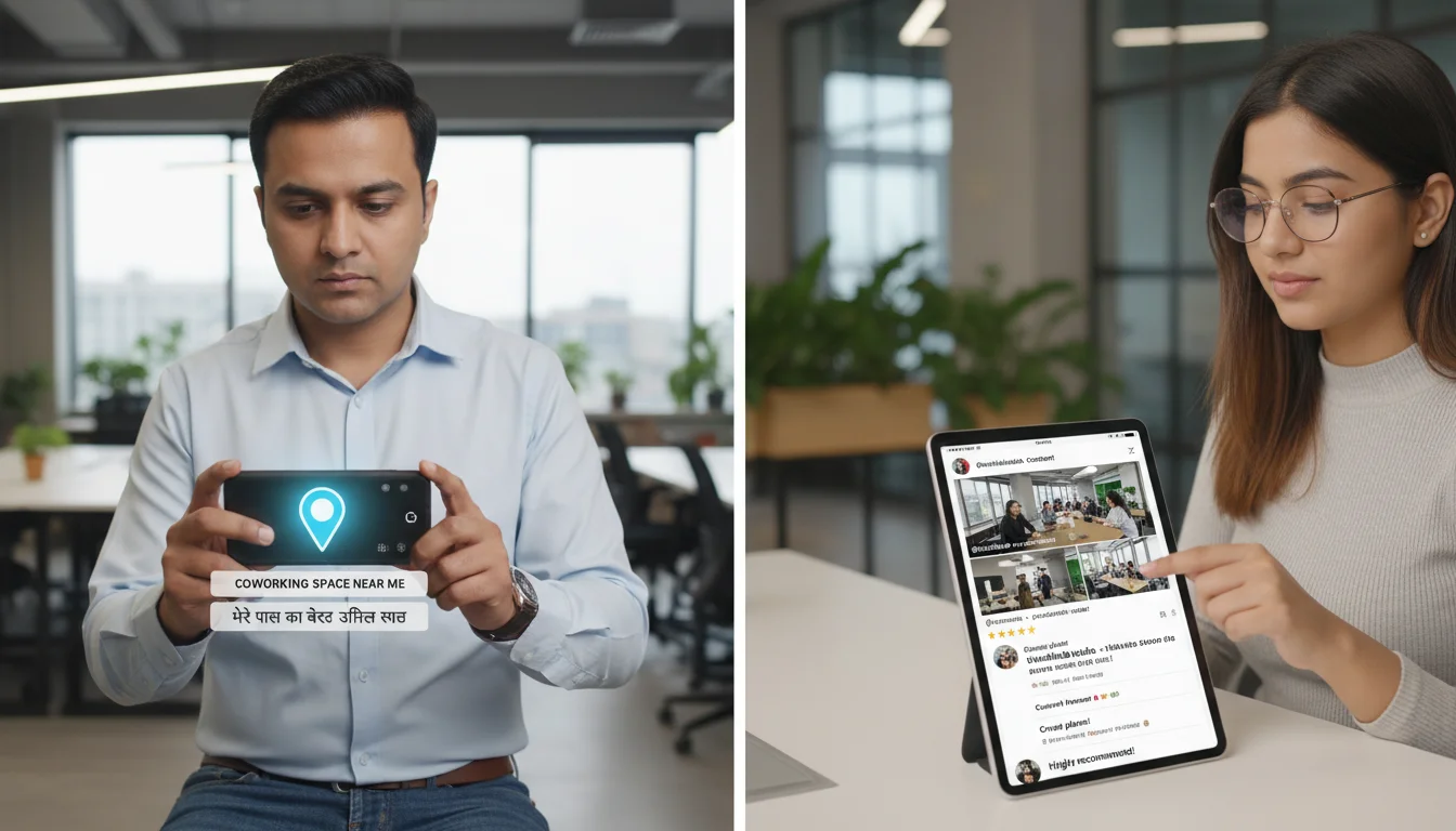 A collage or split-screen image depicting various aspects of Indian digital consumer behavior in the context of coworking. One part shows an Indian professional holding a smartphone, with a map app displaying 'coworking space near me' or a voice search interface showing vernacular text (e.g., 'मेरे पास का बेस्ट ऑफिस स्पेस' - 'best office space near me'). Another part shows another individual scrolling through a social media feed with authentic-looking user-generated content (photos/videos of a coworking space) or checking online reviews. Emphasize mobile-first, local search, and digital validation.