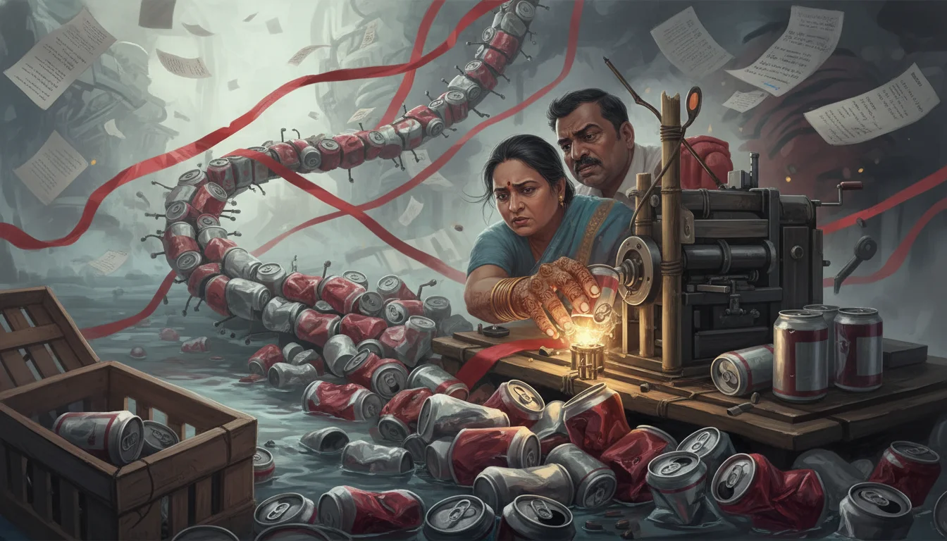 A visual metaphor illustrating the challenges faced by Indian craft beverage businesses. Depict a broken or struggling supply chain for aluminum cans, perhaps with a blurred background showing complex, overlapping legal documents or abstract representations of regulatory hurdles. The scene should convey frustration and operational difficulties, but with a subtle hint of resilience or innovation in the foreground. High-quality, professional, digital art style.