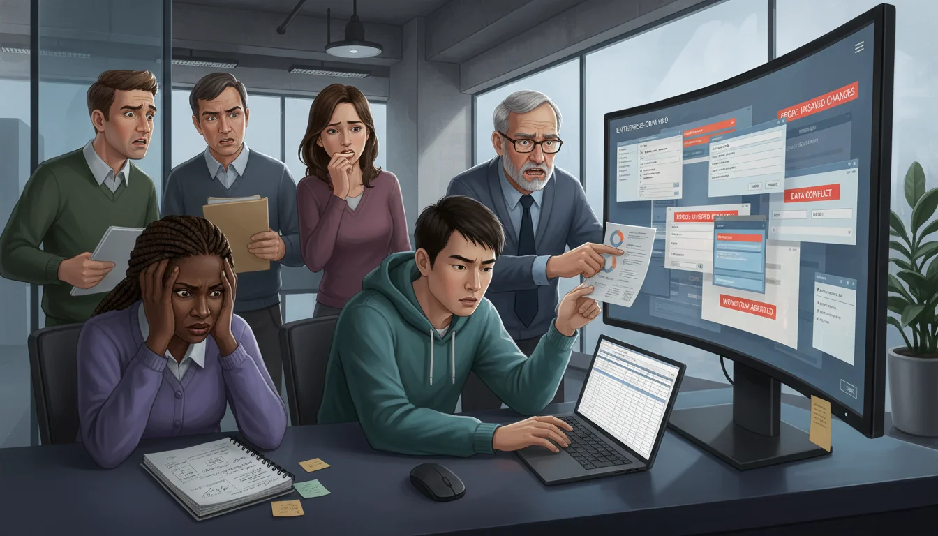 A diverse group of office workers looking frustrated and overwhelmed by a cluttered computer screen displaying a complex, user-unfriendly CRM interface. Some are using physical notebooks or separate spreadsheets, avoiding the system. Emphasize low user adoption, friction, and a sense of resistance. Modern office setting, subtle digital art style.