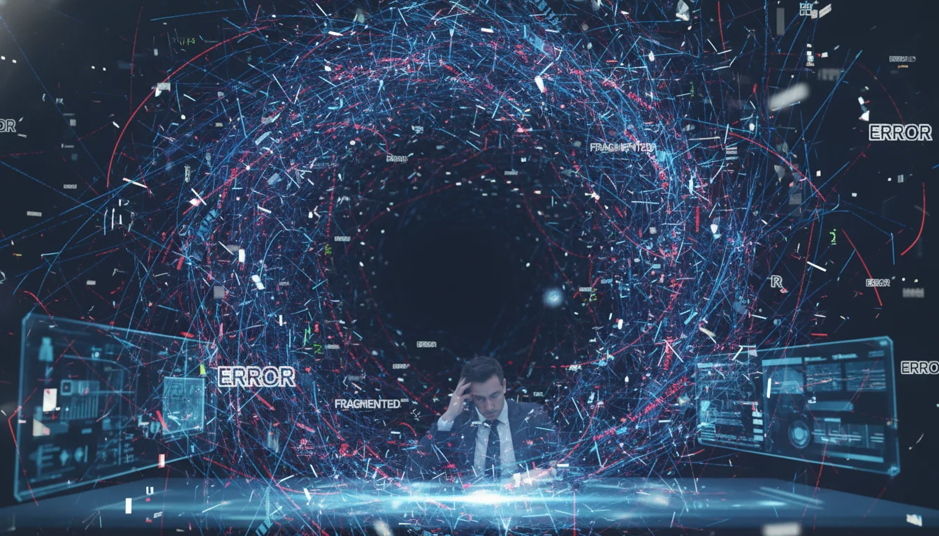 Abstract representation of data corruption and fragmentation within a digital system. Imagine a swirling vortex of messy, disconnected data points, broken lines, and error messages, symbolizing 'garbage in, garbage out'. A frustrated data analyst stares at the chaotic visualization. Corporate, high-tech aesthetic.
