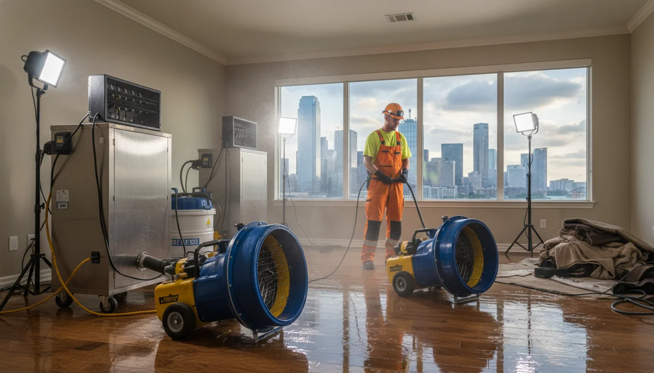 A professional restoration technician in high-visibility gear using industrial air movers and dehumidifiers to dry a flooded luxury home in Dallas, cinematic lighting, 8k resolution, realistic style with a glimpse of the Dallas skyline through the window.