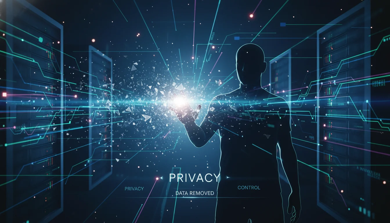 A person's silhouette digitally erasing data points flowing on a complex, interconnected network of servers and glowing lines, symbolizing privacy, control, and data removal from shadowy data brokers. Focus on a clean, modern, slightly futuristic aesthetic with a sense of regaining control.
