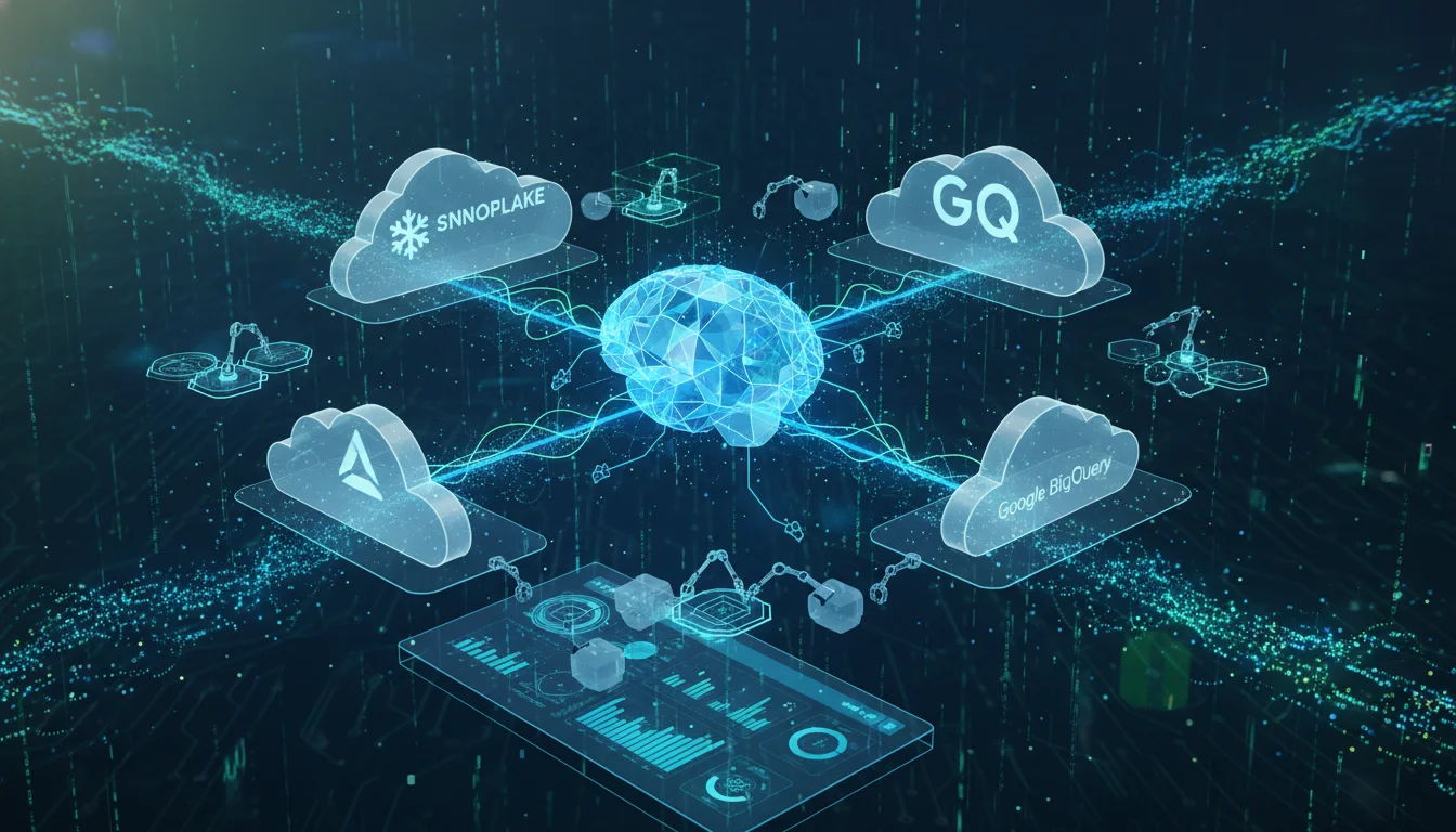 A futuristic, abstract representation of data warehousing. Focus on interconnected cloud platforms like Snowflake, Databricks, and Google BigQuery, with data flowing seamlessly between them. Incorporate elements of scalability, automation, and real-time analytics. Use vibrant blues and greens, with a clean, digital aesthetic.
