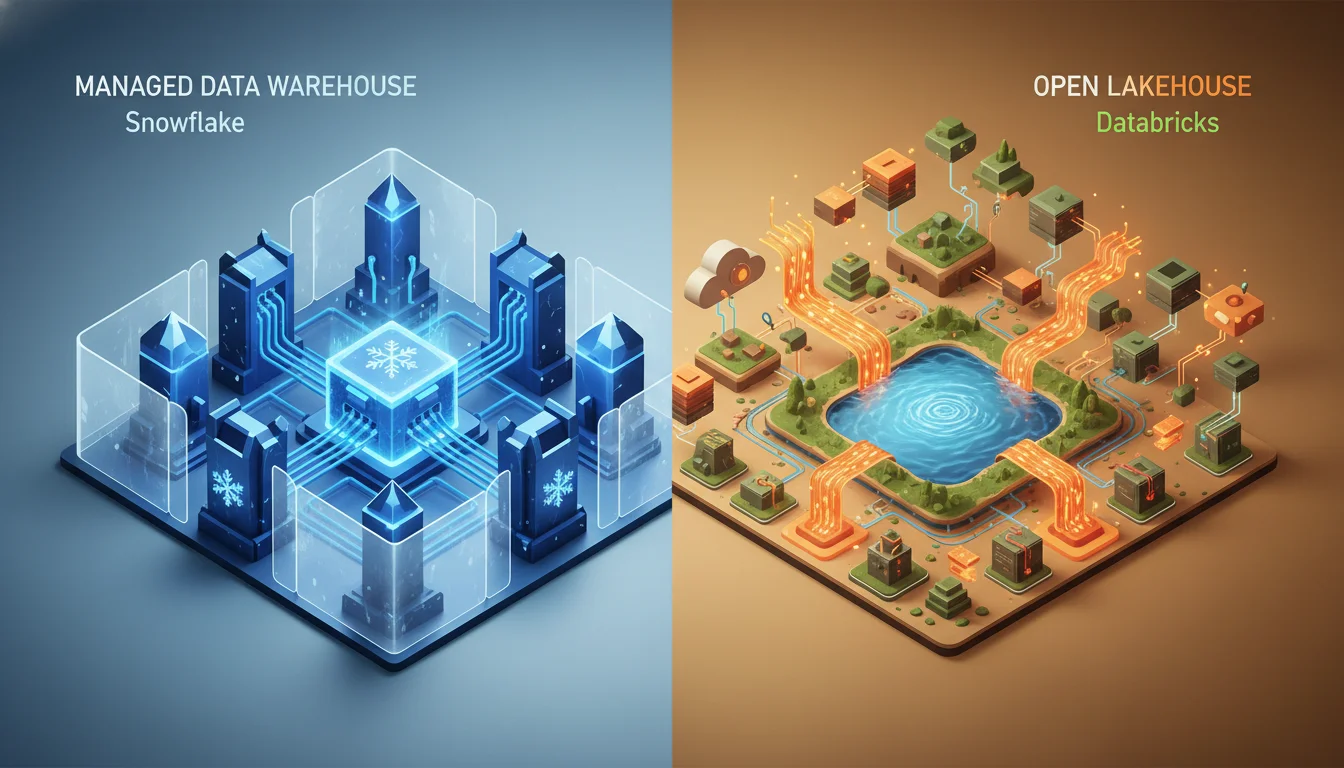 A conceptual illustration contrasting two distinct data architectures. On one side, represent a 'Managed Data Warehouse' (Snowflake style) with elegant, enclosed, high-security data storage and streamlined data flow, perhaps with a snowflake motif. On the other side, depict an 'Open Lakehouse' (Databricks style) with more flexible, interconnected, open-source data storage (like a lake with data flowing in and out), perhaps with a modern, dynamic 'spark' element. Use subtle, contrasting color palettes (e.g., cool blues for managed, warm oranges/greens for open) to differentiate, emphasizing their core philosophies.
