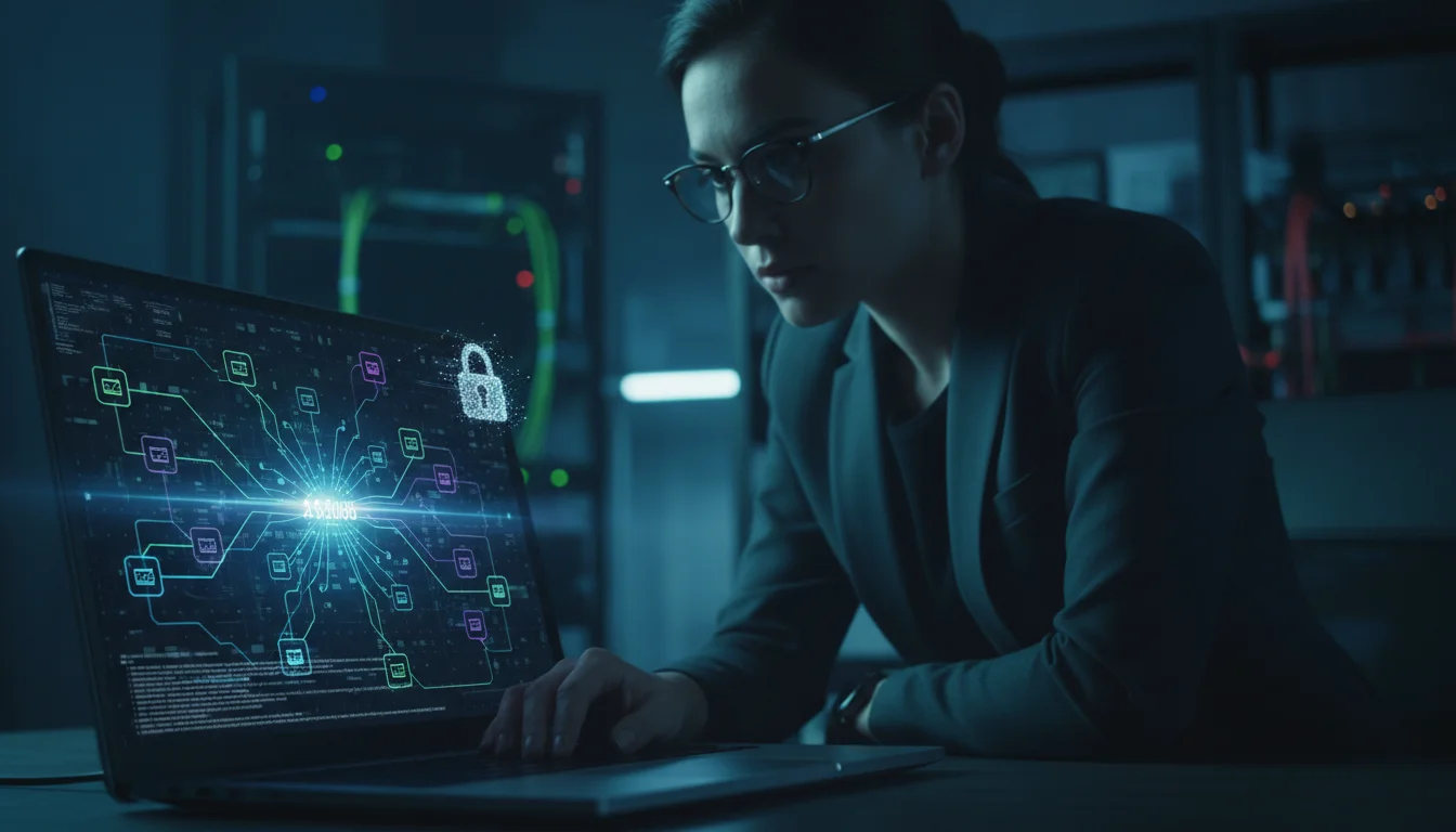 A close-up of a laptop screen displaying a complex blockchain transaction ledger with glowing connections between digital wallets. In the background, a professional is analyzing the screen in a dimly lit office, with a subtle emphasis on digital security and forensic tracing of virtual currency. High-contrast, tech-focused aesthetic.