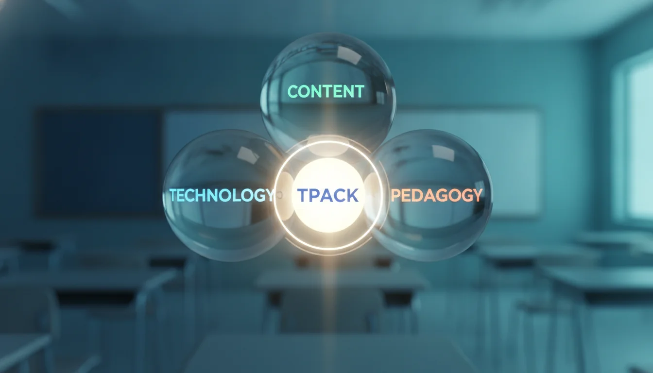 A clean, professional 3D infographic showing the intersection of three glowing glass spheres labeled Technology, Pedagogy, and Content, with a bright central nucleus labeled TPACK, set against a soft, blurred classroom background in shades of blue and teal.