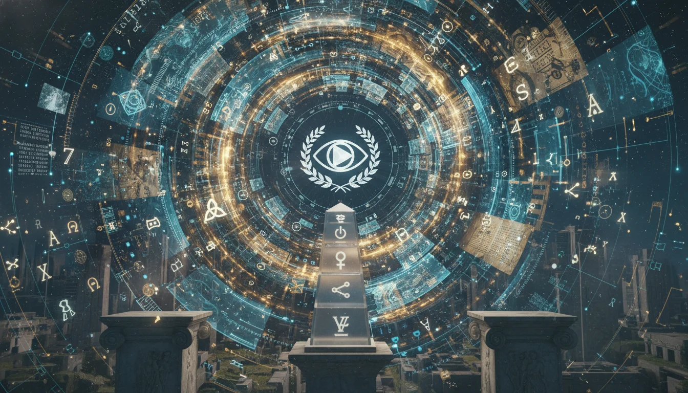 A visually striking image depicting digital assets (like screens, icons, or abstract data visualizations) interwoven with elements representing historical depth and cultural context. Incorporate subtle nods to semiotics, memory, and an overall sense of layered significance and evolution in design. Blend futuristic and classical aesthetics.