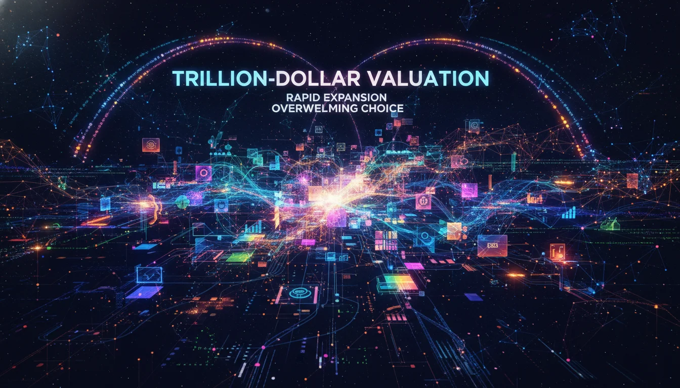 An abstract, vibrant illustration depicting the rapid expansion and complexity of the global marketing technology (MarTech) ecosystem. Show a sprawling network of interconnected digital tools, platforms, and data streams, perhaps with a visual representation of growth curves reaching towards a trillion-dollar valuation. Include subtle elements of AI and data flow, suggesting both opportunity and overwhelming choice. High-tech, clean, digital art style.