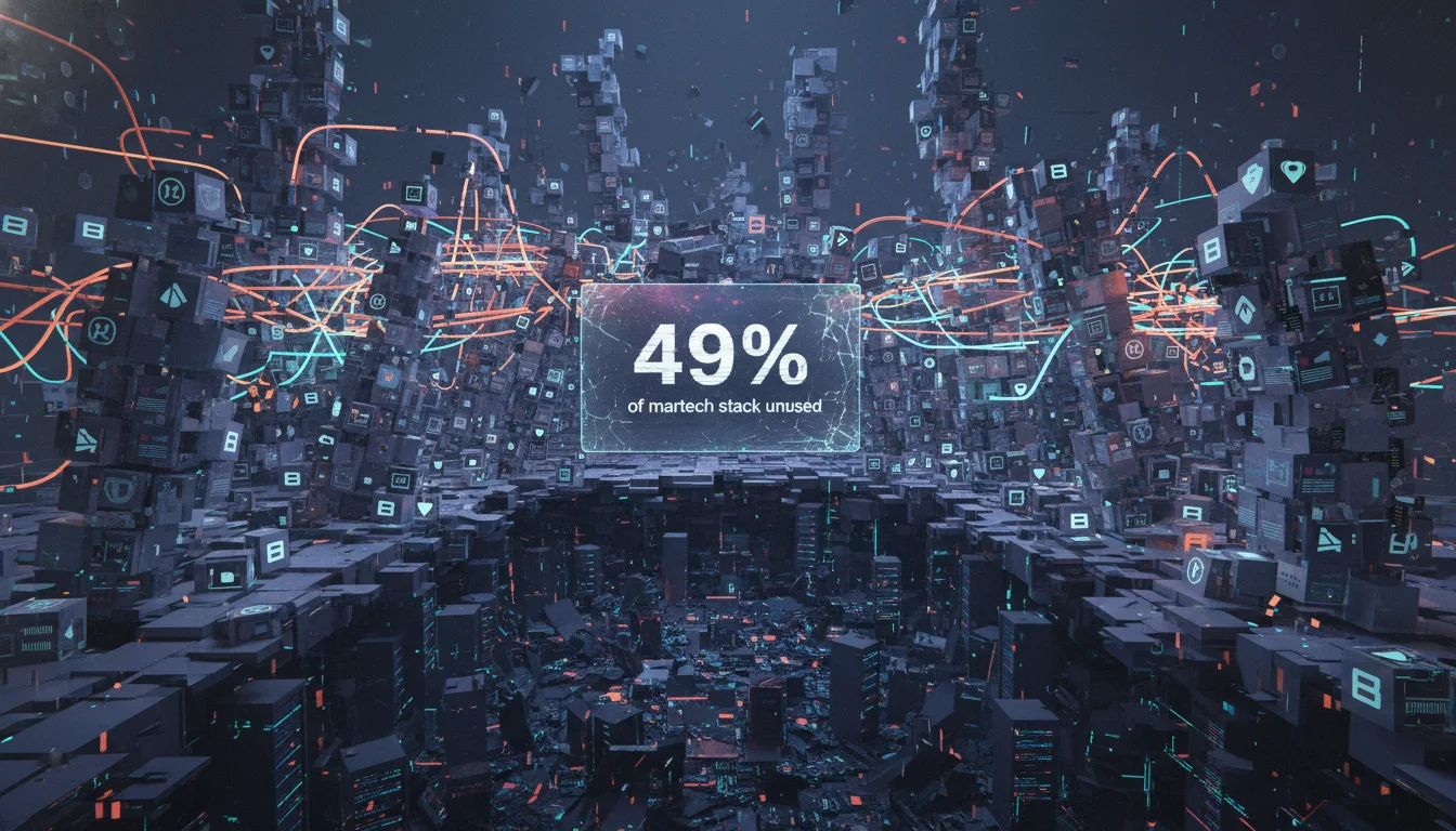 A chaotic and fragmented digital landscape, symbolizing 'stack bloat' in marketing technology. Unused software icons and disconnected data pathways are tangled and overflowing, illustrating inefficiency and waste. A '49%' statistic could be subtly integrated or implied through the scene of underutilized resources. Convey a sense of disarray but with a modern, tech-focused aesthetic. Darker, more serious tones reflecting the 'crisis' aspect, with some glowing elements for tech.