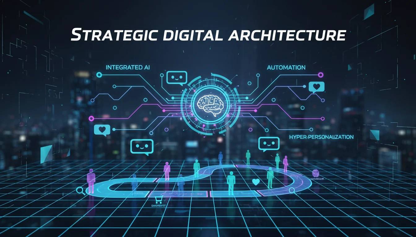 An abstract visual representation of 'strategic digital architecture' in marketing, showing integrated AI, automation, and hyper-personalization. Elements like interconnected data points, chatbots, and optimized customer journeys should be visible. Use a futuristic, clean design.