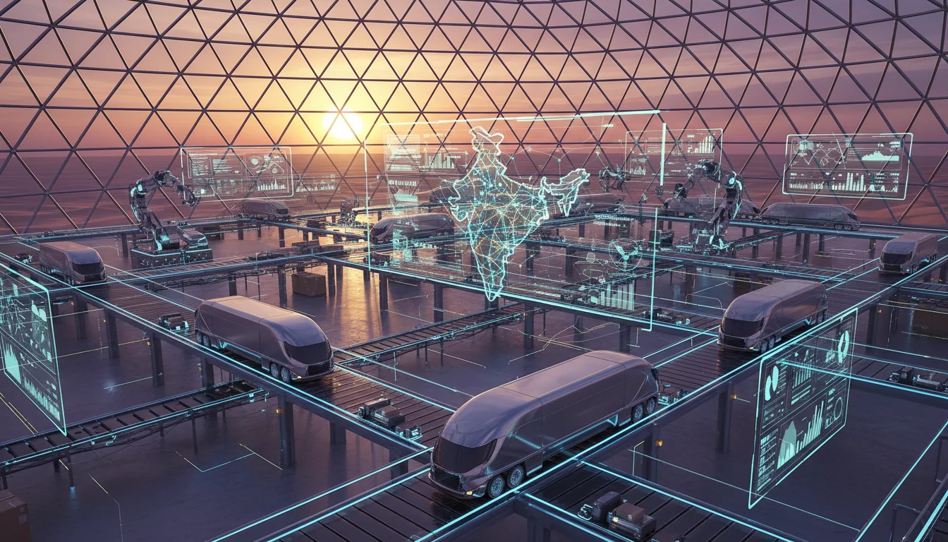 A futuristic Indian logistics hub at sunset, with automated systems and sleek semi-trucks, infused with digital marketing elements like holographic analytics displays, glowing data networks, and a map of India highlighting key transport routes. Dynamic, high-tech, and professional.