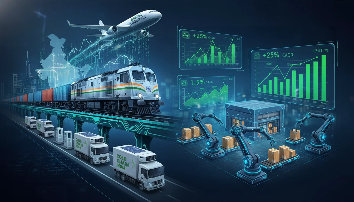 A vibrant infographic or scene depicting the rapid growth and modernization of India's logistics sector. Show elements like sleek freight trains, cargo planes, modern refrigerated trucks, and robotic arms moving packages in a high-tech warehouse, all overlaid with upward-trending growth charts and digital data streams, symbolizing exponential expansion and technological advancement.