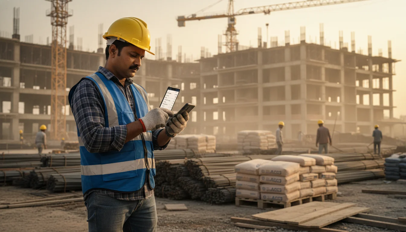 A construction contractor in a yellow hard hat standing on a modern Indian construction site, holding a smartphone and looking at a digital material procurement app, with steel rods and cement bags in the background, cinematic lighting, realistic 8k photography.