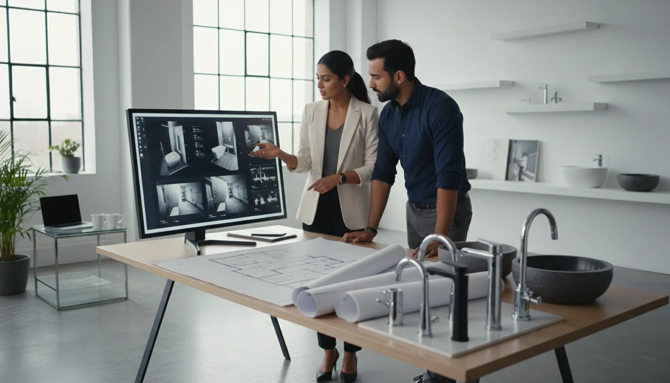 An Indian female architect and male interior designer in a bright, modern studio collaborating over architectural blueprints and high-end sanitaryware samples, while using a large touchscreen monitor to display 3D models, professional and sophisticated atmosphere.