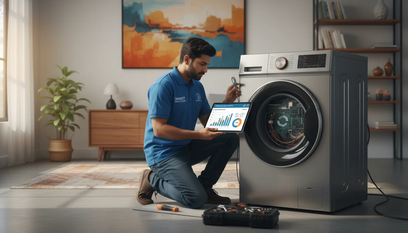 A skilled Indian technician repairing a modern smart home appliance (e.g., smart washing machine or refrigerator) with a tablet showing digital marketing analytics, set in a contemporary, clean Indian home environment, emphasizing technology and professional service. Vibrant colors, detailed.