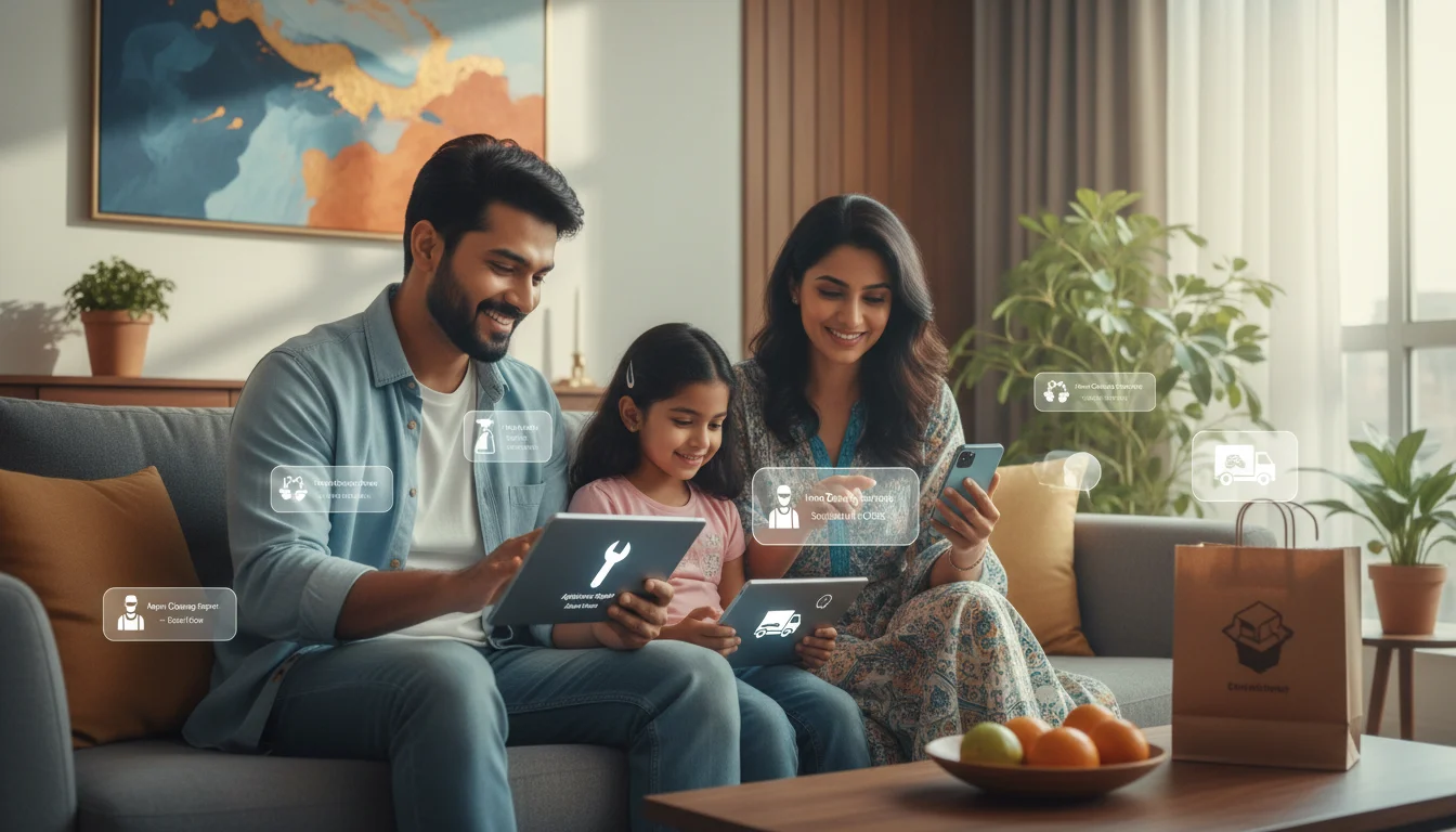 A young, urban Indian nuclear family (parents and one child) comfortably using their smartphones and tablets to order various home services, including appliance repair, with a focus on quick, app-based interactions. The scene is a stylish, modern Indian living room, illustrating the 'Instant Economy' and 'Instant Home Services' trend. Bright, clean, and dynamic.