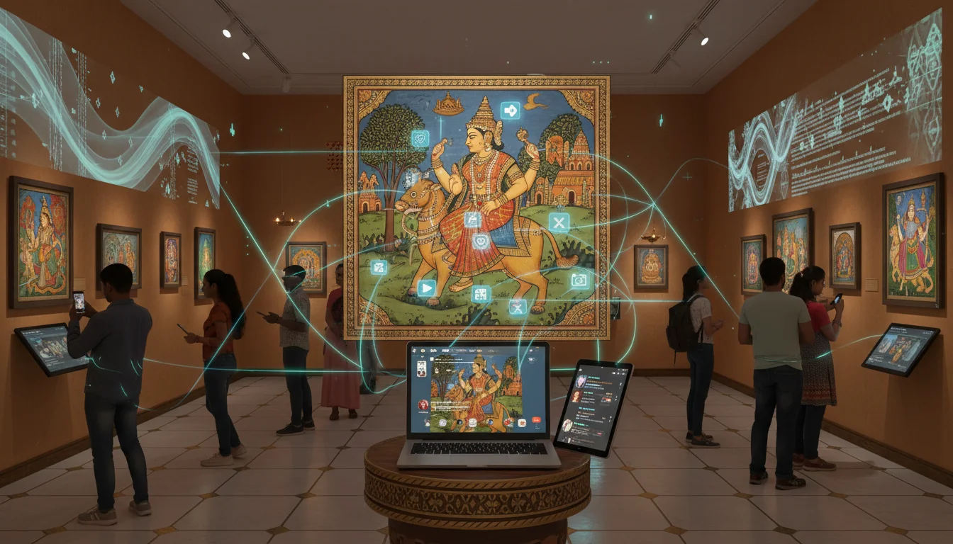 A vibrant image depicting traditional Indian art, perhaps a painting or sculpture, integrated with digital elements like social media icons, a laptop, or a tablet. The setting should evoke an Indian art gallery or cultural center, blending ancient heritage with modern technology and a subtle glow representing digital connectivity.