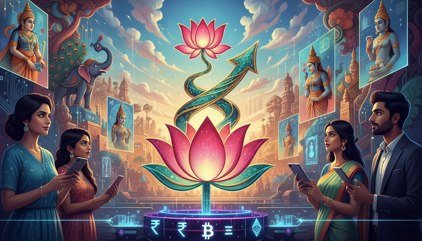 An abstract visualization of robust economic growth and increasing investment in the Indian art market. Incorporate elements of traditional Indian art alongside upward-trending financial charts, digital currency symbols, and diverse demographics of art collectors (young, affluent). The scene should convey dynamism and prosperity, blending cultural heritage with modern finance, vibrant colors, clear sky, highly detailed, futuristic touch.