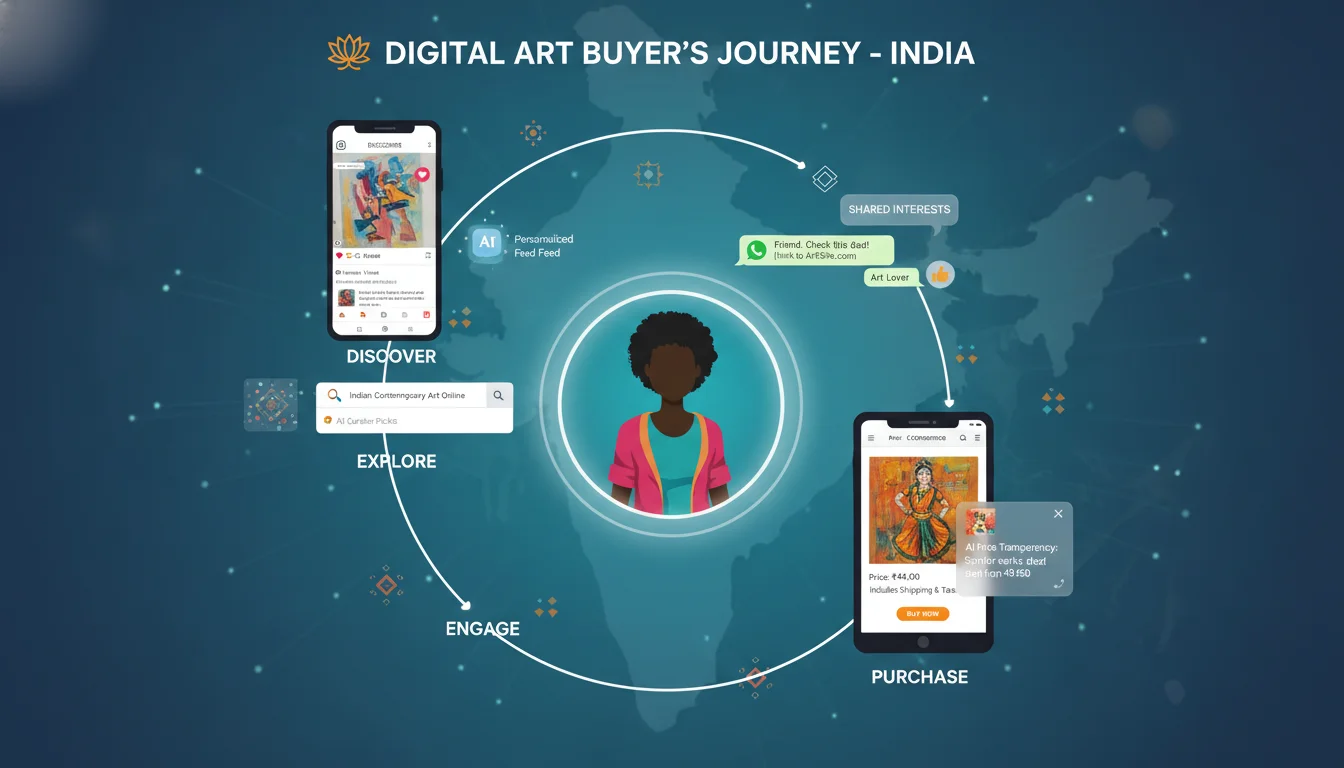 A dynamic infographic-style image illustrating the multi-touchpoint digital art buyer's journey in India. Show a young Indian art collector interacting with various digital platforms like Instagram Reels, a Google search bar, a WhatsApp chat, and an e-commerce website with transparent pricing. Integrate subtle AI recommendation interfaces. The design should be modern, clear, and reflect a blend of Indian aesthetics with digital interfaces, showing seamless navigation.