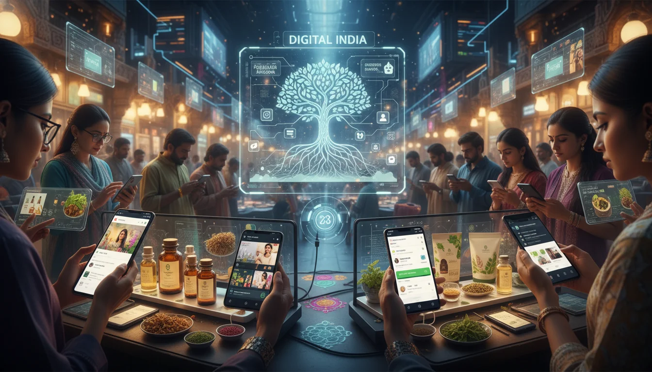 A bustling digital ecosystem in India, illustrating high internet penetration and D2C revolution. Show various digital devices (smartphones, tablets) displaying social media apps, e-commerce platforms, and UPI transaction interfaces, all subtly integrated with elements of Ayurvedic products like small bottles of oils, herbs, or packaging, symbolizing how traditional products thrive in a modern digital marketplace.