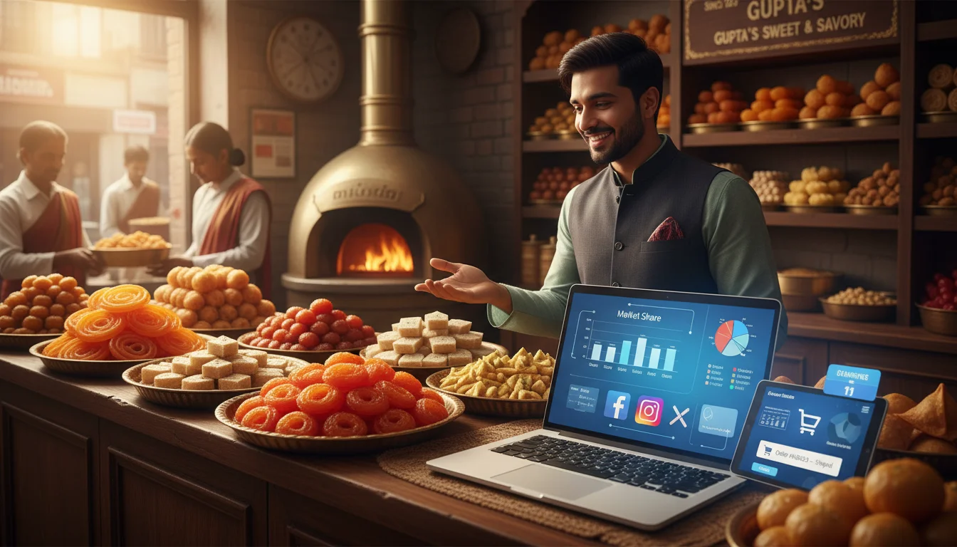 A vibrant and dynamic image illustrating the intersection of traditional Indian bakeries and modern digital marketing. Feature elements like freshly baked Indian sweets and savories alongside a laptop or tablet displaying market data, social media icons, and online order interfaces. The scene should blend traditional Indian bakery aesthetics with technology, suggesting growth and innovation in the sector.
