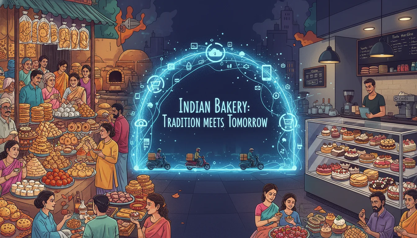 A vibrant illustration of the evolving Indian bakery landscape, showcasing a blend of traditional Indian baked goods (like rusks, local sweets) and modern patisserie items (cakes, pastries). Incorporate elements of bustling regional markets alongside sleek modern bakery displays. Hint at digital growth with subtle icons or network lines connecting different elements. Emphasize diversity and transformation.