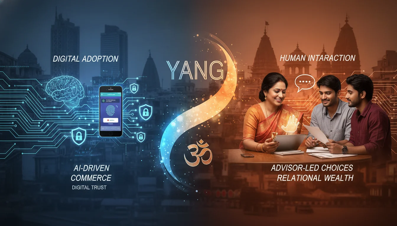 A conceptual image illustrating the paradox of Indian consumers' financial behavior. On one side, show elements of advanced digital adoption like AI-influenced purchases, mobile banking apps, and data security icons. On the other side, emphasize the strong preference for human interaction in financial decisions, perhaps with a friendly bank advisor assisting a customer, or a human hand reaching out from a digital interface. Use a palette that contrasts modern digital with warm, human elements, set in an Indian context.