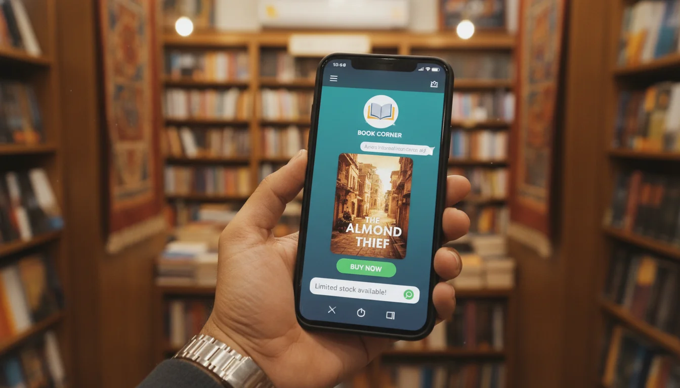 A high-resolution, photorealistic close-up of a hand holding a modern smartphone. The screen displays a vibrant WhatsApp business chat window with a book cover image and a 'Buy Now' button. In the background, out-of-focus shelves of an Indian bookstore create a warm, literary atmosphere.