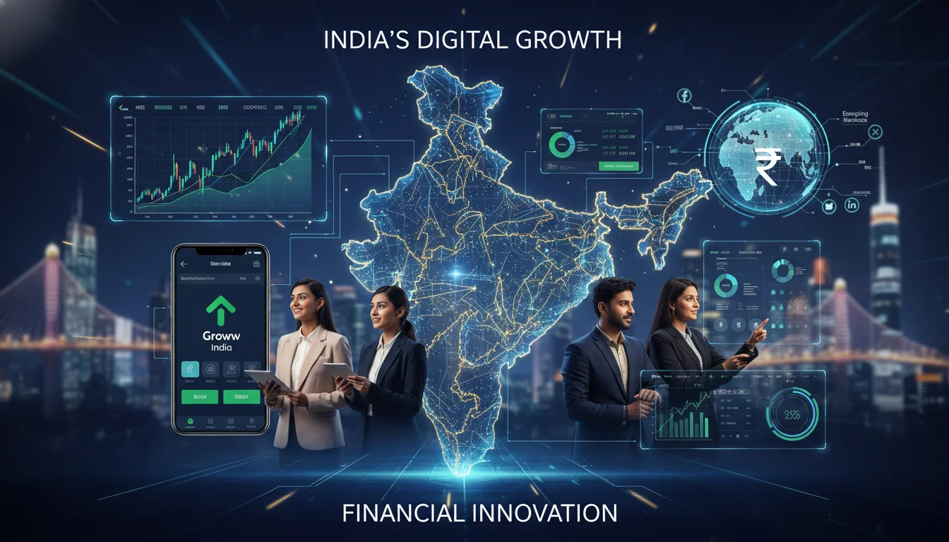 A vibrant and futuristic image showing digital marketing concepts overlaid on a map of India, with stock market graphs, mobile trading interfaces, and diverse investors. Professional and modern aesthetic, symbolizing growth and technological advancement in the Indian financial sector.