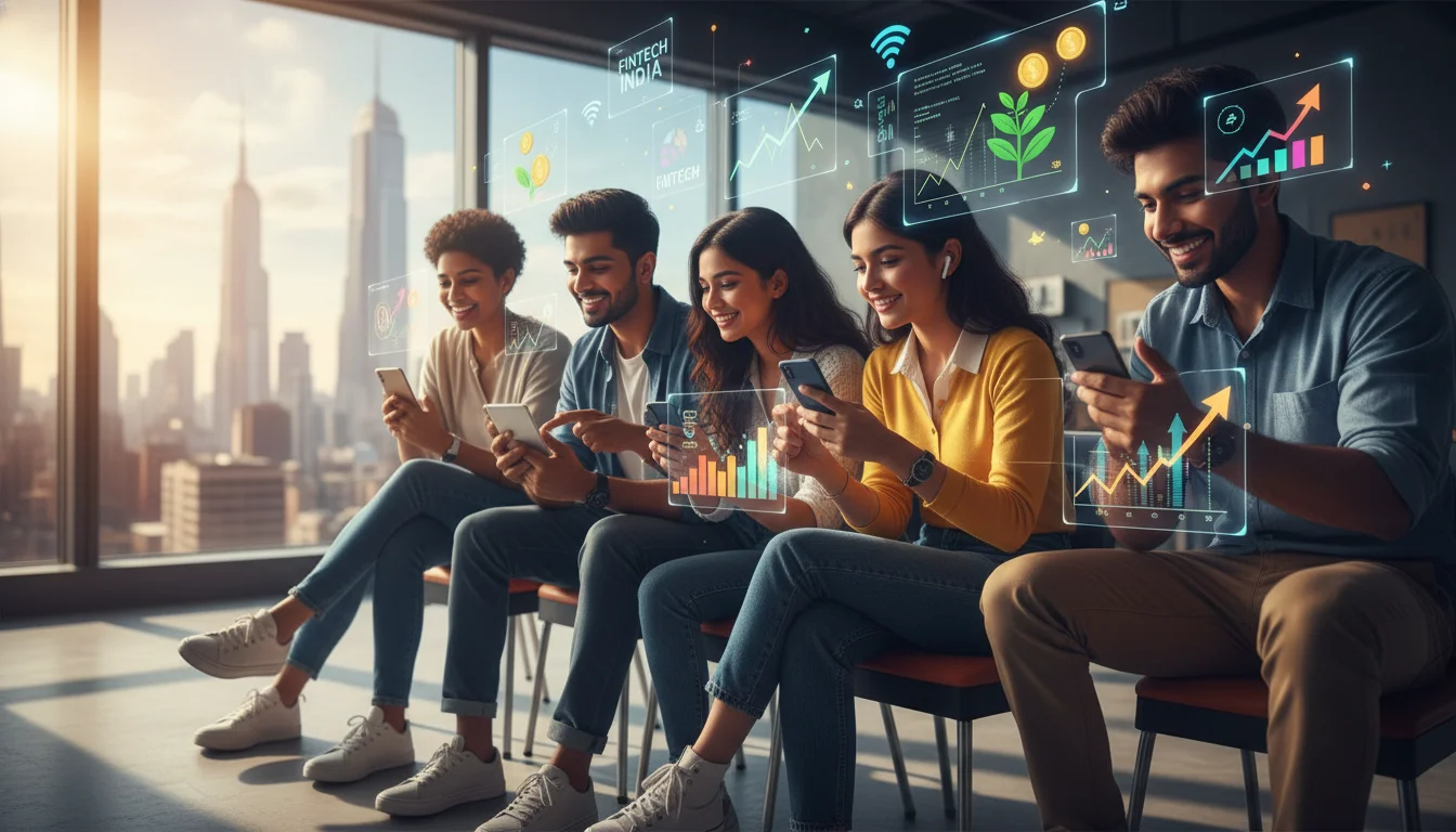 A dynamic and vibrant image depicting young Indian millennials and Gen-Z individuals actively engaging with mobile investment apps, surrounded by subtle indicators of wealth growth and digital connectivity. Emphasize a modern, tech-savvy, and optimistic atmosphere, reflecting the changing demographics of Indian investors.